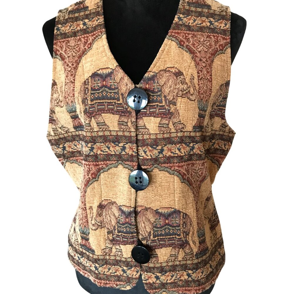Howard Wolf Elephant Tapestry Vest, Vintage 80s Sleeveless Jacket Size 8
